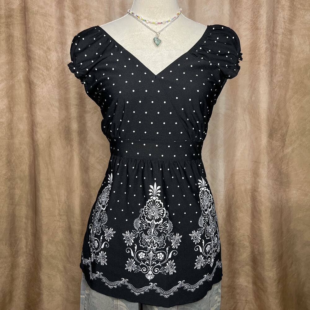 Vintage Y2K Polka Dot Floral Paisley Tunic Smock Top Black White Boho Peasant